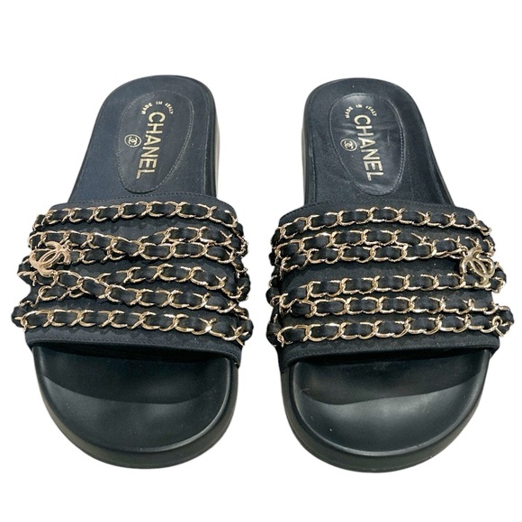 CHANEL CC Chain Slide Sandal EU 37 US 7 Navy Blue Flat Canvas Slip On Tropicon - Picture 1 of 10